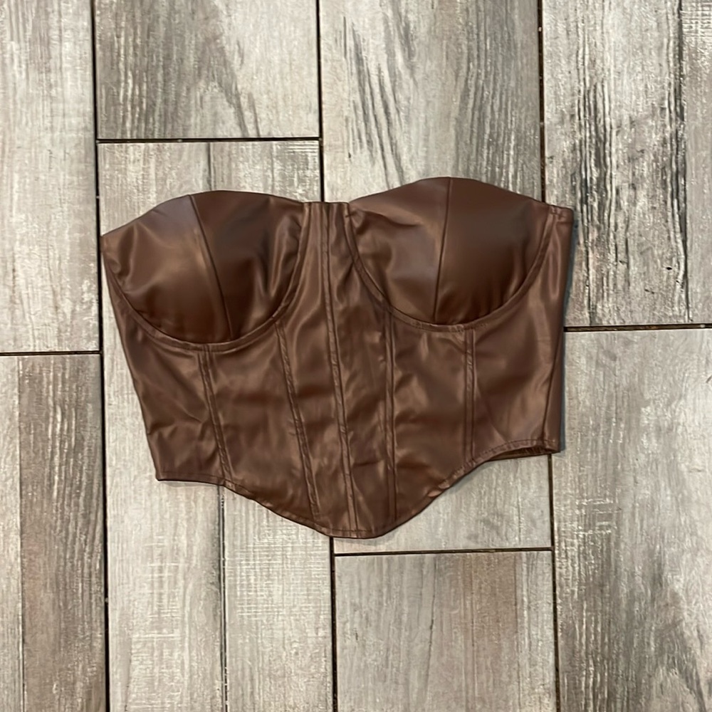 CANVAS brown pleather corset style crop top. Sleeveless V